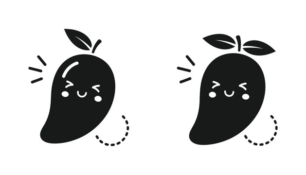 Cute mango fruit character vector set with happy facial expressions and leaves in solid black style for children book illustrations and food stickers isolated on white background