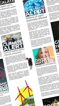 Man walking across newspaper pages with global news headlines and media stories. Concept of news consumption, media literacy, current events, journalism, information flow and press analysis.