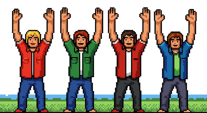 Four pixel art men celebrating with hands up on grass