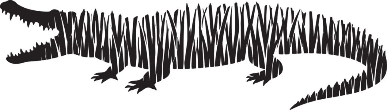 Artistic silhouette of an alligator with a textured body composed of vertical black lines, its mouth open in a fierce display also transparent background