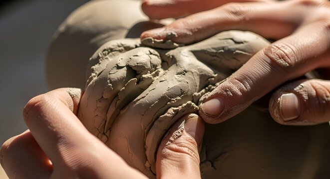 Hands molding clay at Pottery with detail