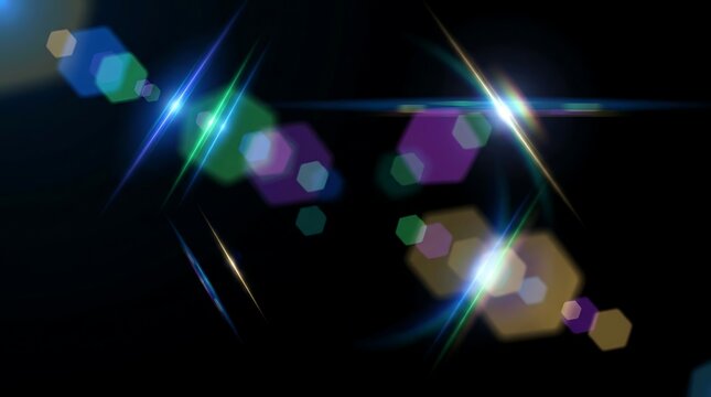 Abstract lens flare effect with bright colorful light rays and hexagonal shapes on a dark background.