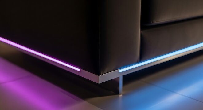 Close-up of modern furniture corner with purple and blue ambient light