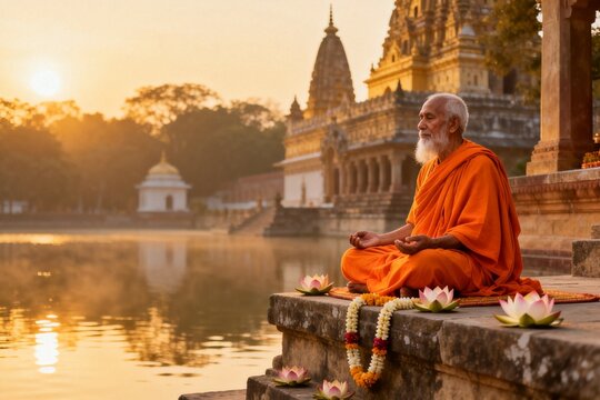 Elderly monk meditating by water