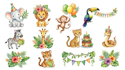 Obraz premium Tropical safari birthday animals with floral elements and party decorations in watercolor style. Collection of Vector illustrations for invitation, card, poster, banner, decoration