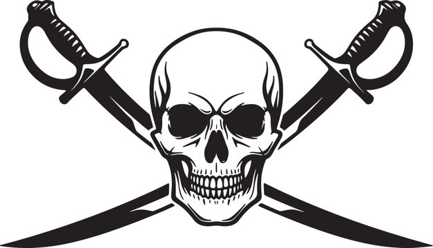 Detailed black silhouette of a skull with two crossed sabers, a powerful pirate flag symbol representing danger, adventure, and rebellion, on a white background, also transparent background