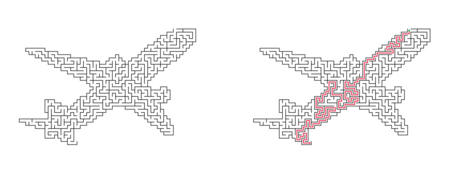 Airplane shaped maze with solution. Simple black and white vector labyrinth puzzle, educational logic game for children and adults.