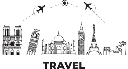 Obraz premium World Travel Illustration with Airplanes and Global Landmarks