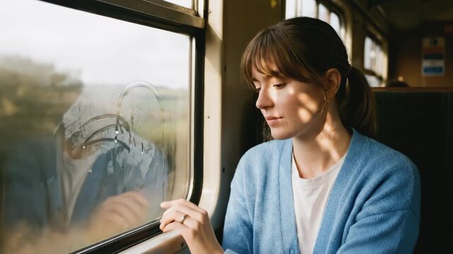 Young woman drawing with her finger on a fogged train window while traveling through the countryside