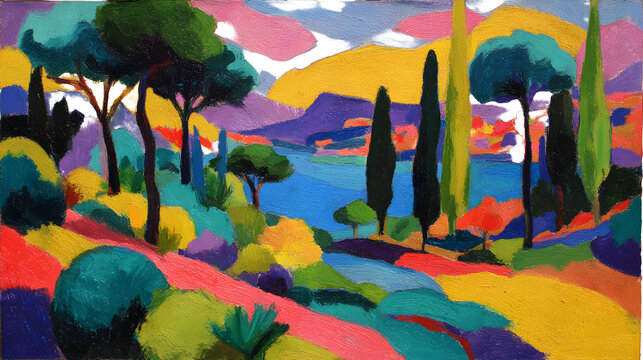 Vibrant fauvist mediterranean landscape with bold colorful trees hills and serene water under dramatic sky