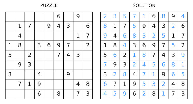 Vector sudoku with numbers and solution. Educational game for kids and adults on white background.