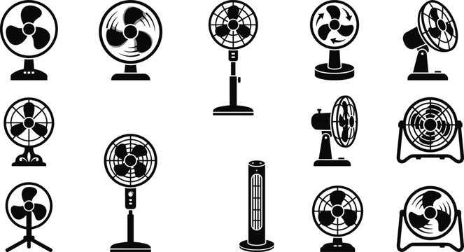 Fan Icon Set Featuring Standing Fans, Table Fans, Pedestal Fans, and Air Circulators for Home Appliances, Cooling Systems, and Air Conditioning Designs