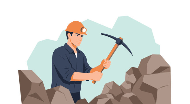 Miner working with pickaxe in rocky environment, illustration