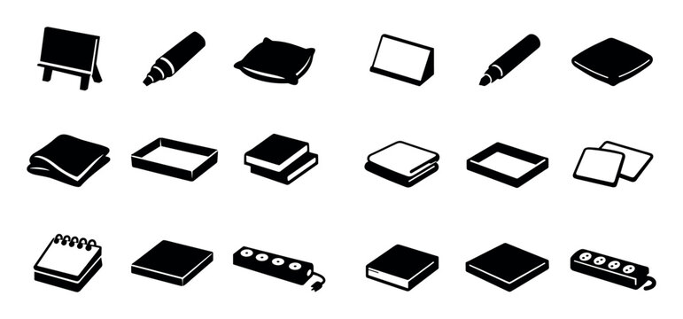 Office and workspace design icons with marker, notebook and power strip for presentation design in minimal outline style
