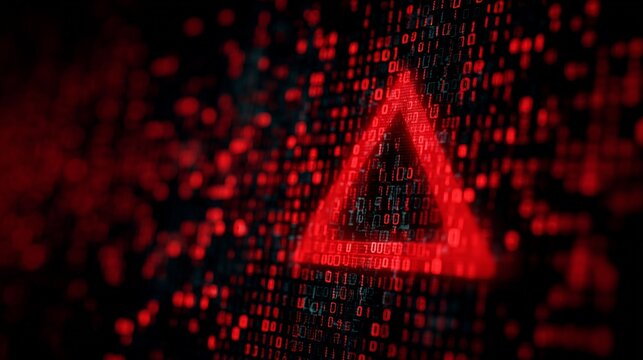 Red triangle warning icon over red pixelated code, symbolizing a warning and unsecure connection risk.