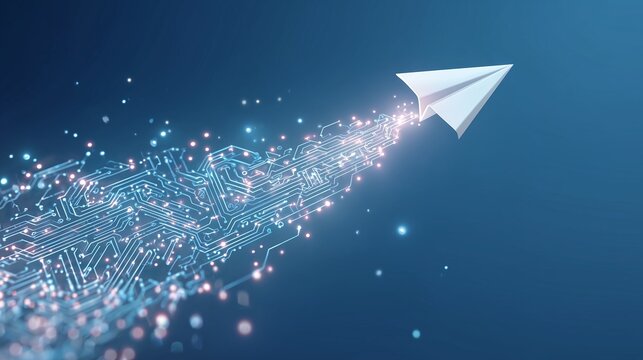 Paper plane composed of digital particles symbolizing technology onboarding and change management, representing digital transition, user guidance, and process adoption.