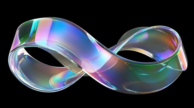 Iridescent glass infinity symbol on black background.