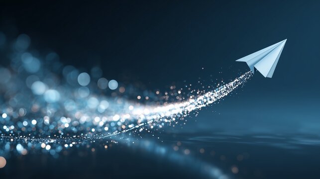 Paper airplane flying with digital particle trail symbolizing technology onboarding and change management in a smooth transition.