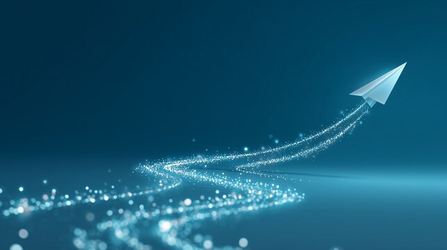 Paper airplane over a luminous digital path representing technology onboarding and change management transition and adoption.