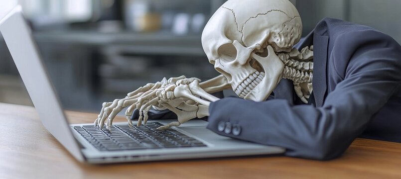 Bony accountant skeleton man at office computer grimacing under pressure of Halloween deadline