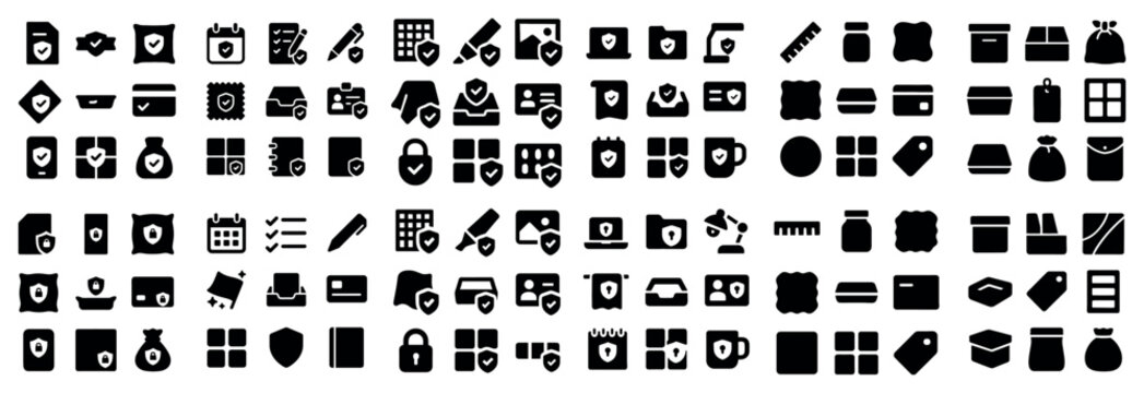 Security and data concept icons with lock, shield and folder for infographic design in solid monochrome style