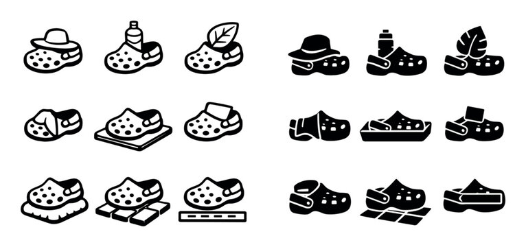 Footwear and eco fashion concept icons with shoe, leaf and hat for mobile app marketing in bold outline style