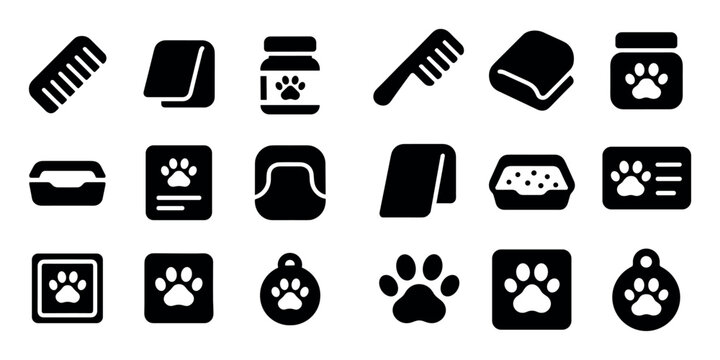 Pet care and animal health concept icons with comb, paw print and pill jar for web design in solid style