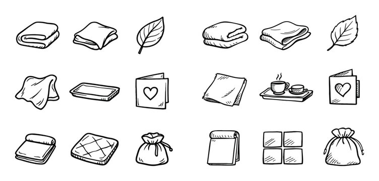 Wellness and cozy design icons with blanket, leaf and cup for presentation design in hand drawn style