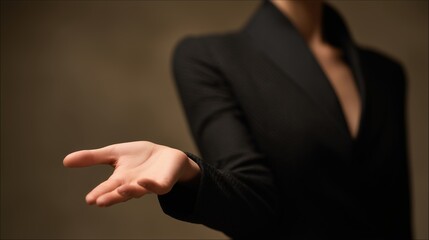 Fototapeta premium A woman in a black suit extends her hand. She has long dark hair and is positioned against a neutral background. The scene conveys professionalism and invitation.