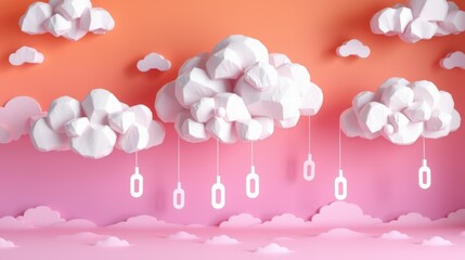 Obraz premium Paper clouds hang above pink landscape. Soft colors create dreamy, whimsical scene. Gentle gradients suggest sunset or sunrise.