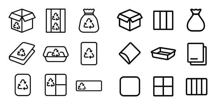 Recycling and packaging design icons with box, bag and tray for web design in minimal outline style