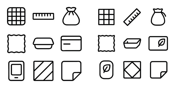 Food and eco friendly concept icons with bag, grid and leaf for mobile app marketing in outline style