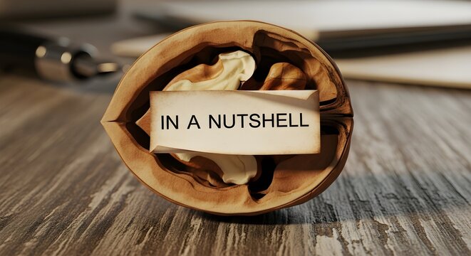 A cracked walnut shell on a desk with a paper label reading 'in a nutshell', symbolizing concise corporate communication and message clarity.