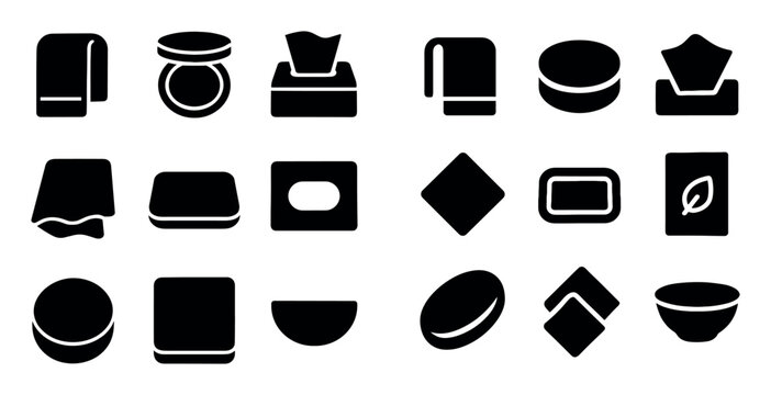 Cleaning and hygiene design icons with towel, soap bar and tissue box for infographic design in solid style
