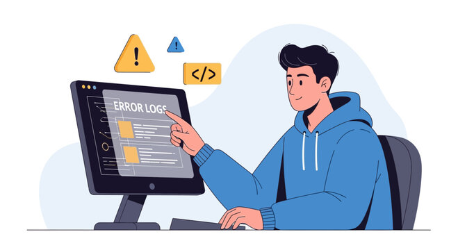 Programmer Analyzing Error Logs on Computer Screen, Software Development Concept
