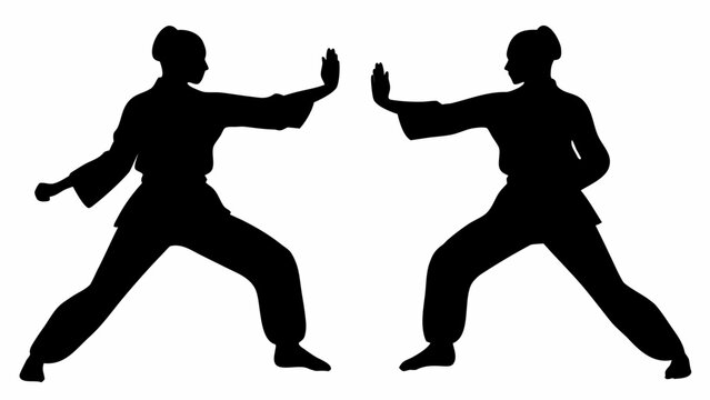 Martial arts training with two practitioners sparring in a fighting stance demonstrating techniques and skills in a generic setting