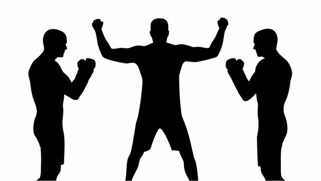 Three boxers silhouettes in combat sports stance with referee on white background