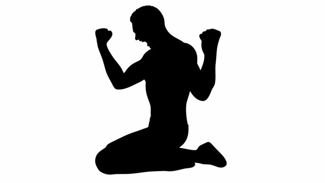 Victorious fighter kneeling in triumph silhouette against white background celebrating victory with fists raised