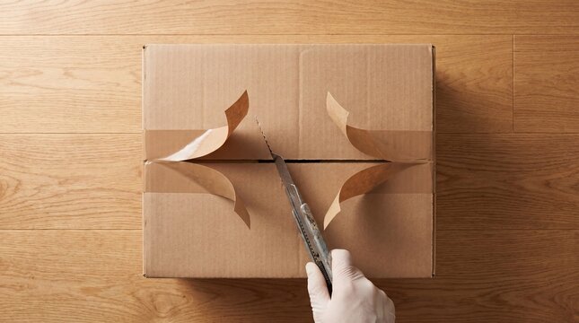 A hand with a glove cuts open a cardboard box on a wooden surface. The box is sealed with tape and has flaps that are being opened.