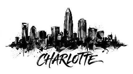 Obraz premium Charlotte skyline silhouette featuring Bank of America Corporate Center, high contrast black and white ink illustration, stylish lettering below reading 