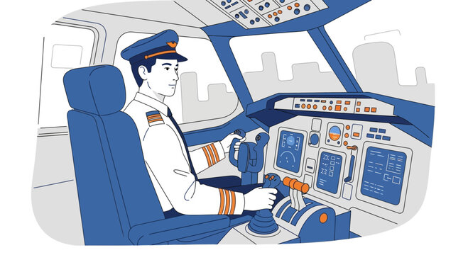 Pilot in Cockpit with Modern Dashboard Controls and Cityscape Background