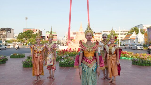 Traditional Thai Khon Dancers Perform at the Giant Swing in Bangkok