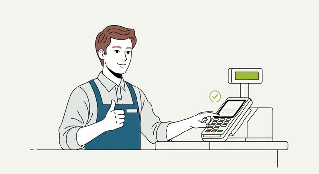 Retail worker giving thumbs up near POS machine and scale