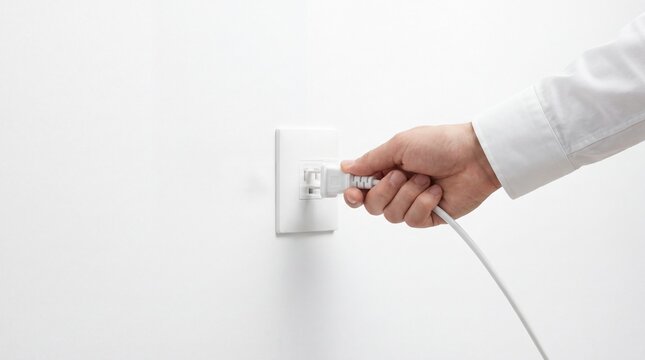 A hand in a white shirt connects a power cable to a wall socket. The background is plain white, emphasizing the action of plugging in.
