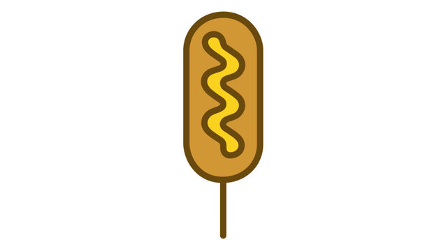 Classic corn dog vector icon with editable stroke, colorful line illustration of a deep fried sausage on a stick with mustard drizzle, minimalist flat design for street food stall branding.