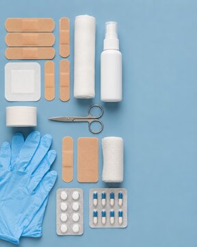 Mat&eacute;riel de premiers soins dispos&eacute; sur fond bleu avec espace copie