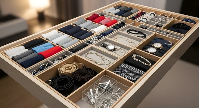 Closet drawer organizer with accessories and clothes neatly arranged