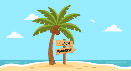 Obraz premium Beach paradise with palm tree and sign