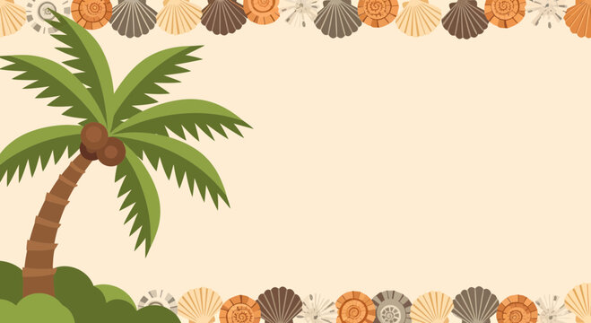Tropical palm tree with seashell border on beige background