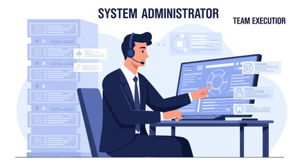 Fototapeta premium System administrator in headset works on computer with data servers background